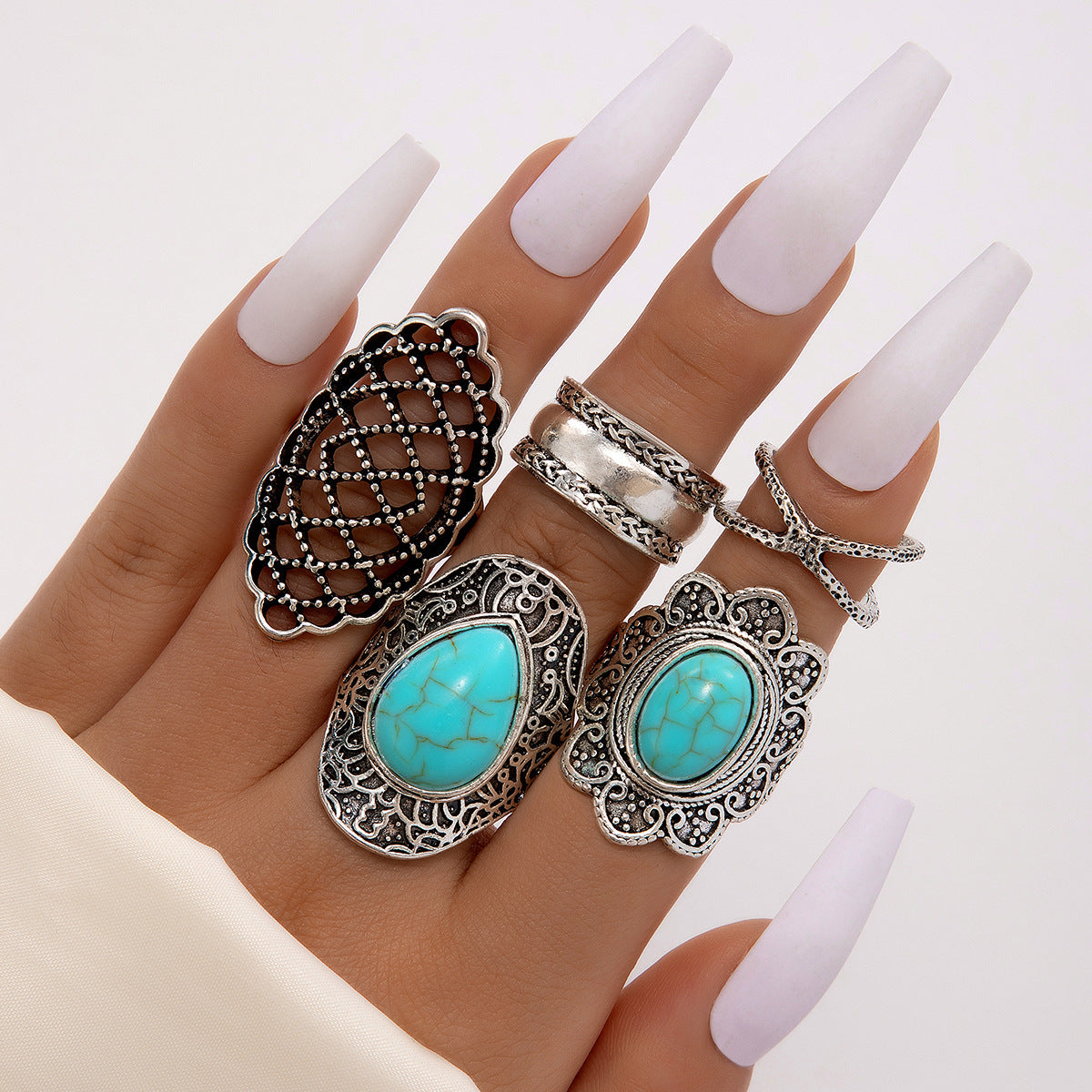 Wholesale 2 Sets turquoise cross 5pcs/set ring suit wide-brimmed ring
